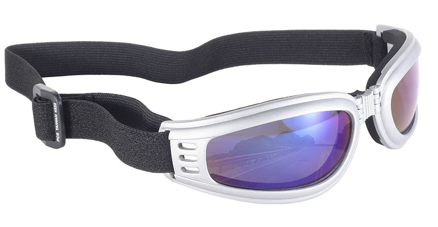 NOMAD FOLDING MOTORCYCLE GOGGLES SILVER FRAMES BLUE MIRROR LENS 4522
