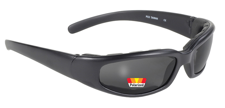 Rally 43019 - Matte Black Frame with Polarized Grey Lens Padded Grey Polarized Lenses | Padded Frame with Grey Polarized Lenses | Padded Motorcycle Sunglasses | Perfect Size Frame