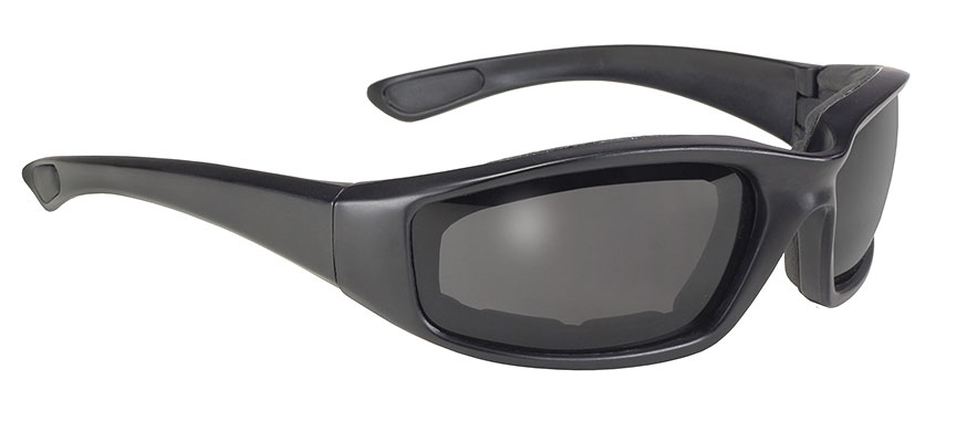 PADDED MOTORCYCLE RIDING GLASSES GOGGLES With Strap Silver Frame Dark Black Lens 